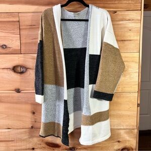 Polagram Colorblock Open Front Long Cardigan Grandpa Cozy Cabincore